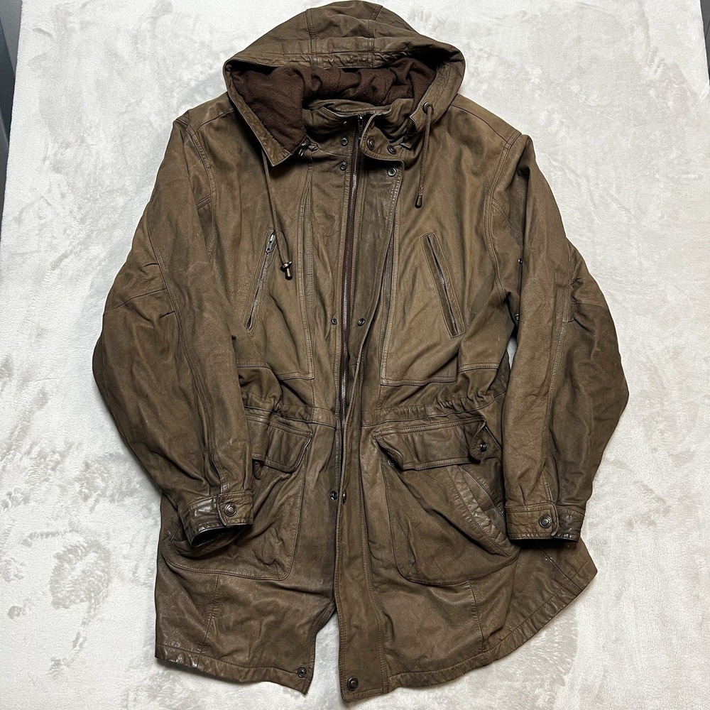 Wilsons Adventure Bound Mens Sz XLT Brown Leather Lined Bomber Moto Coat Jacket